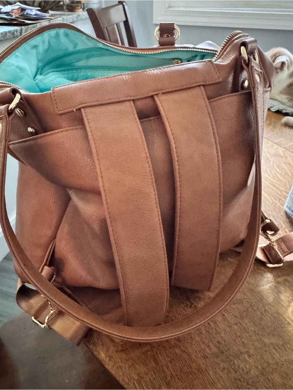 Convertible Brown diaper bag.  Leather Tote with Turquoise Lining